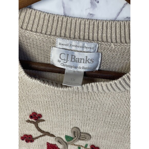 Vintage CJ Banks Women’s Hand Embroidered Cream Holiday Cat Sweater Size 1X - Picture 3 of 4